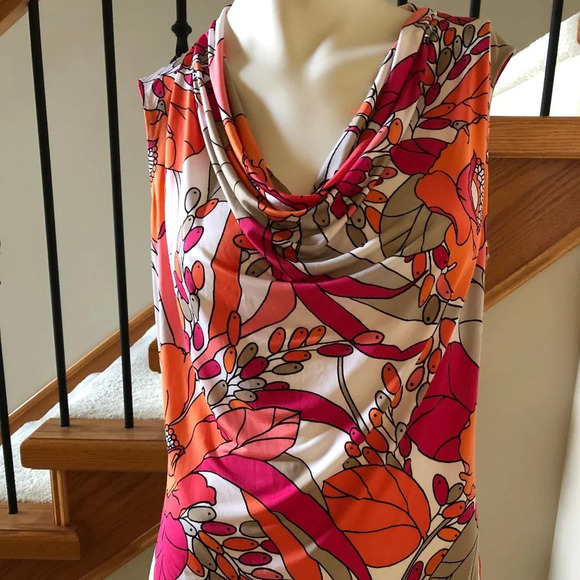 Worthington Sleeveless Cowl Neck Floral Poly BlendTop Pink Orange Wht Tan Size S - Picture 2 of 4
